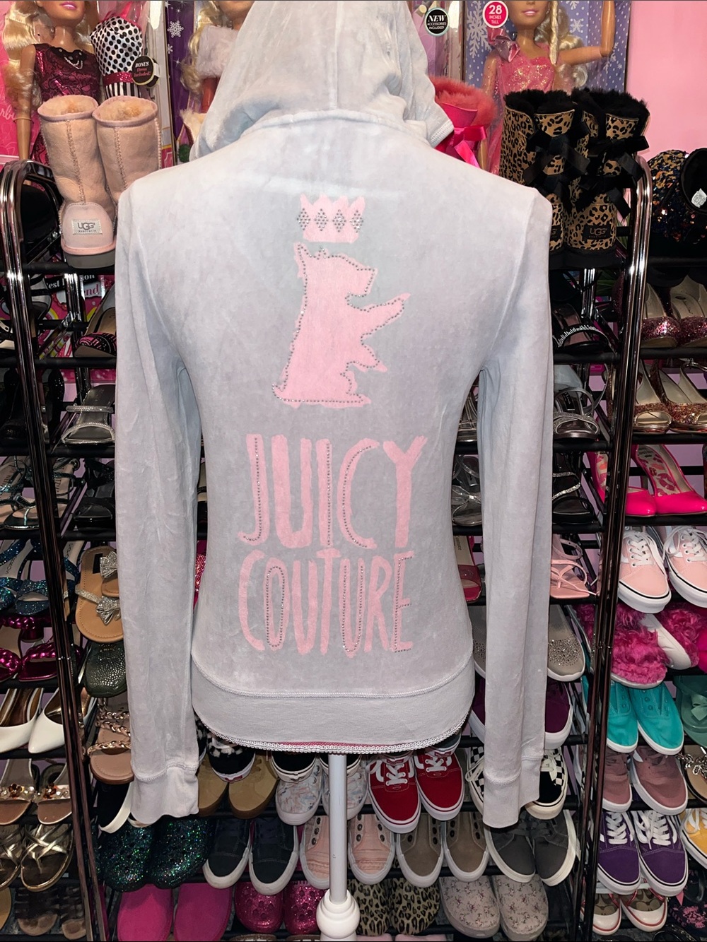Iconic Juicy Couture Light Gray Hooded Rhinestone Velour Zip-Up Jacket